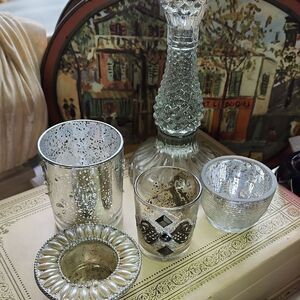 Set Of 5 Party Ready Mercury Glass Candleholders Different Heights Textures #6F